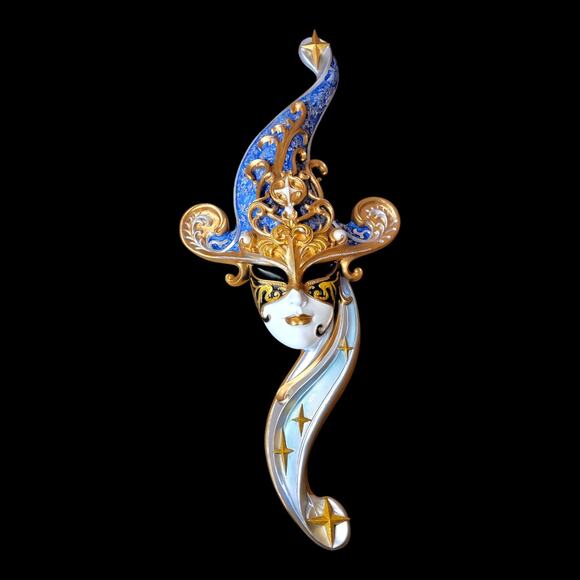 Large Venetian Jester Mask Wall Decor Blue Gold 26